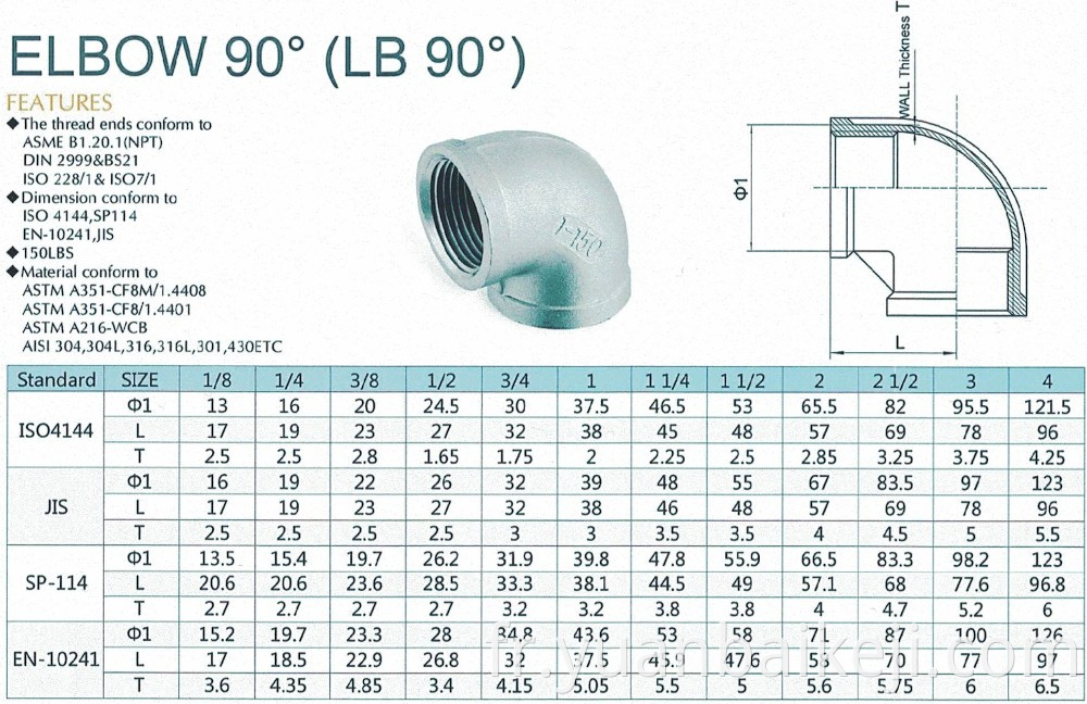 acier inoxydable réduisant le coude fileté SS 304 316 raccords de tuyaux à 90 degrés